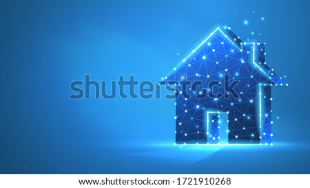 Home, real estate concept. Private house concept. Low poly, wireframe 3d vector illustration. Abstract polygonal image on blue neon background