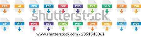 Vector file formats icons collection. Set of file format of document icons. AI, EPS, PDF, JPG, DOC, PPT, XLS, MP4, RAR, ZIP, SVG, HTML