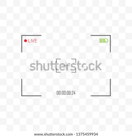 Photo or video camera viewfinder grid with many shooting settings on screen like AF dot, exposure and camera options. Recording led blinked. Realistic corner fall off. Vector background