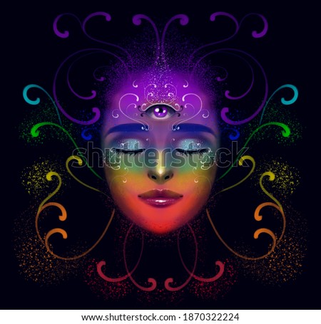 illustration of a portrait of a girl on a dark background, with a third eye. Meditation in a state of harmony, with curls of chakra flowers. Poster symbolizing enlightenment, harmony of mind and body
