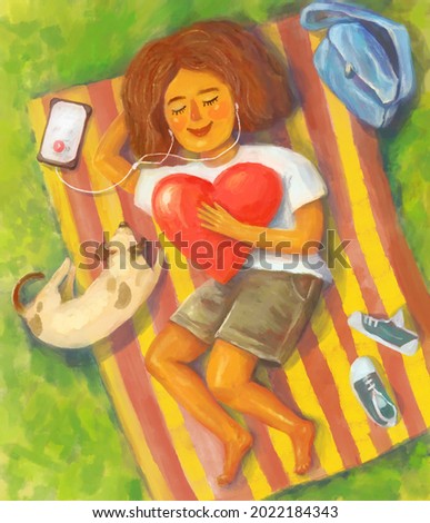 illustration of a happy cute girl resting on the grass with her puppy and listening to music on headphones. Self-love. Hugs the heart Stock foto © 