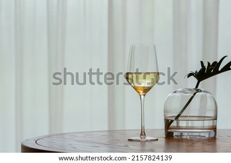 Similar – Image, Stock Photo Single white wine glass and potato chips on white table at home. Single apartment living. Home interior with yellow couch. Relaxing evening alone at home. One-person households are becoming increasingly common across the world. Millennial lifestyle.