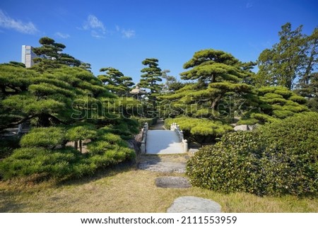 Scenery of the Japanese garden surrounded by silence in the middle of city at Takamatsu Castle Ruins, Kagawa pref.