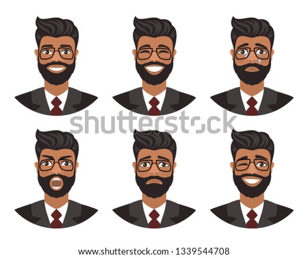 Set of avatars of men expressing various emotions: joy, sadness, laughter, tears, anger, disgust, cry. Brown eyes, dark skin, black hair and glasses. Cartoon character isolated on a white background.