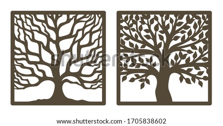 Two trees in a square frame, with and without leaves. Brown trunk, branches. Design element, sample panel for plotter cutting. Template for paper cut, plywood, cardboard, metal engraving, wood carving