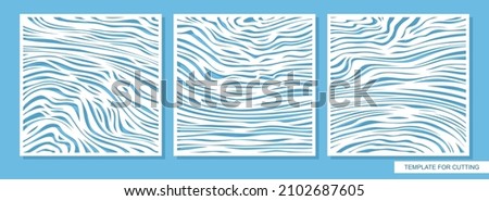 Set of decorative square panels with a carved pattern. Abstract ornament of uneven lines, waves, stripes. Sea texture. Template for plotter laser cutting of paper, metal engraving, wood carving, cnc.