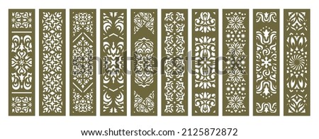 Set of vertical rectangular panels, lattice, bookmark. Decorative elements with a floral pattern. Template for plotter laser cutting of paper, metal engraving, wood carving, cnc. Vector illustration.