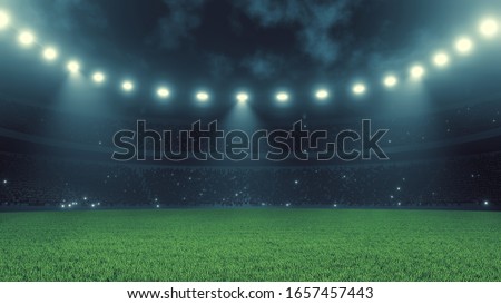 3D Rendering of soccer sport stadium, green grass during night match with crowd of audience and bright led spot lights and camera flashes