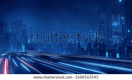 3D Rendering of warp speed in hyper loop with blur light from buildings' lights in mega city at night. Concept of next generation technology, fin tech, big data, 5g fast network, machine learning