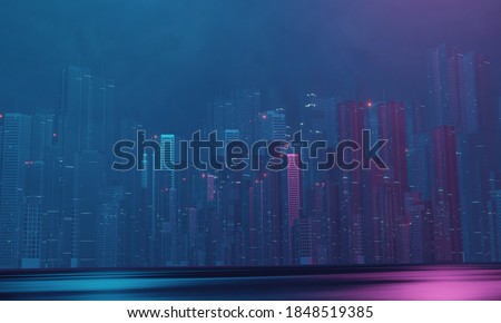 3D Rendering of abstract neon mega city with light reflection from puddles on street. Concept for night life, never sleep business district center (CBD)Cyber punk theme. 