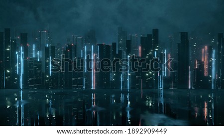 3D Rendering of abstract neon mega city with light reflection from puddles on street. Concept for night life, never sleep business district center (CBD)Cyber punk theme.  Stock fotó © 