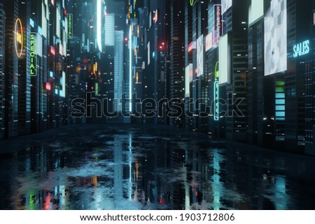 3D Rendering of billboards and advertisement signs at modern buildings in capital city with light reflection from puddles on street. Concept for night life, never sleep business district center (CBD)