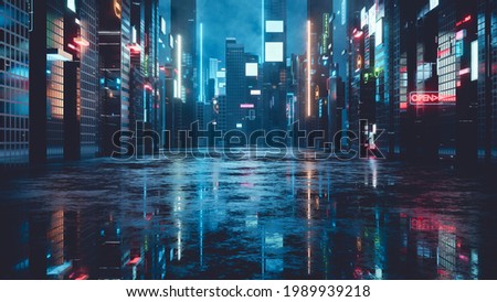 3D Rendering of billboards and advertisement signs at modern buildings in capital city with light reflection from puddles on street. Concept for night life, never sleep business district center (CBD) Stock fotó © 