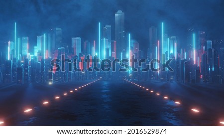 3D Rendering of neon mega city with light reflection from puddles on street heading toward buildings. Concept for night life,  business district center (CBD)Cyber punk theme, tech background 