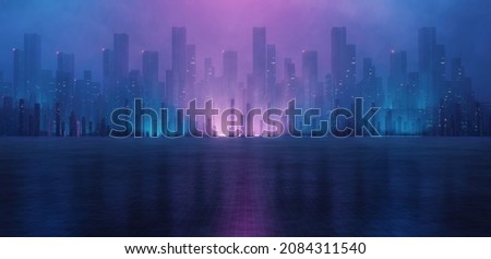 3D Rendering of neon mega city with light reflection from puddles on street heading toward buildings. Concept for night life,  business district center (CBD)Cyber punk theme, tech background  Сток-фото © 