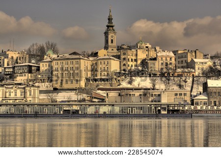Belgrade, Serbia old town from the river Sava. Retro filtered image + HDR.