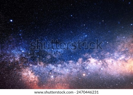 Image, Stock Photo Night Starry Sky With Glowing Stars Above Countryside Landscape. Rural Field Meadow In Summer. Illumination Lights Of Town On Horizon