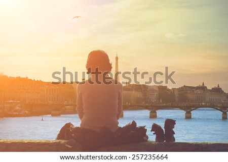 A look at the Paris to Seine river and Eiffel tower with lonesome girl. Conceptual mosaic.