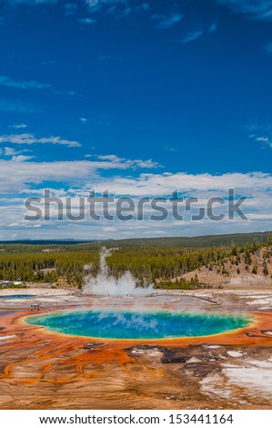 Vertical view of Grand Prismatic Spring in Yellowstone National Park. It is largest hot spring in NP. Colors are result of pigmented bacteria and depend on water temperature.