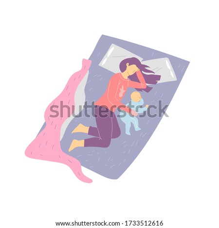 Young mum, single mother gently, carefully hugs a baby, a child. Parent and son or daughter are lying on a bed, dreaming or sleeping peacefully. Colorful vector illustration on a white background