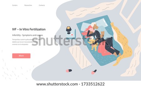 Landing page with vector illustration in flat style of Young romantic couple, spouses lying on a bed with a baby. Lovers gently, carefully embrace each other, dream, whisper words of love or sleep