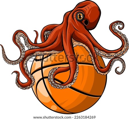 Vector sport logo, kraken octopus head illustration and basketball ball on the shield background.