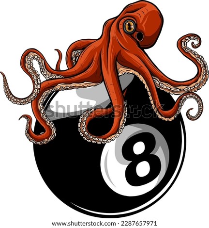 red kraken octopus on eight ball of biliard vector illustration on white background. digital hand draw