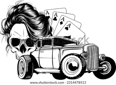 Vector illustration of Monochrome skull with hot rod and poker aces on white background