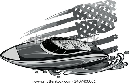 monochromatic speedboat sea waves with american flag