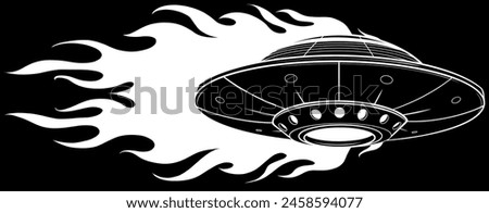 white silhouette of ufo with flames on black background. vector illustration design