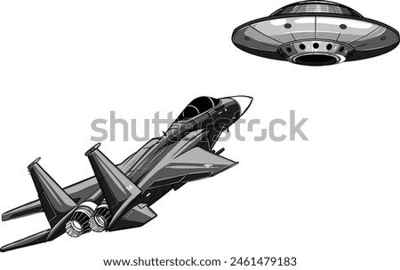 vector monochrome military jet fight with ufo