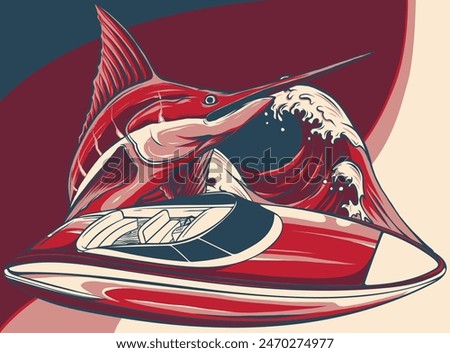 vector illustration of speedboat with marlin fish