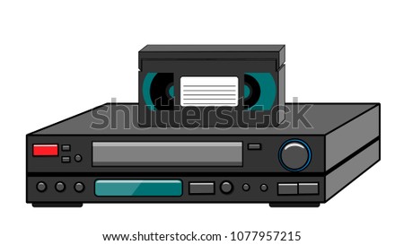 Black old vintage retro vintage hipster vintage video recorder with video cassette standing on a VCR for watching movies, videos from the 80's, 90's on a white background. Vector illustration.
