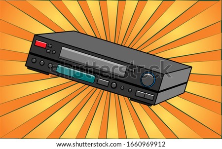 Retro old antique hipster video recorder from the 70s, 80s, 90s, 2000s against a background of abstract yellow rays. Vector illustration.