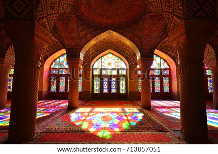 This is inside Nasir ol Molk mosque or pink mosque with low light , a very famous and beautiful traditional mosque in Shiraz , Iran  Stok fotoğraf © 