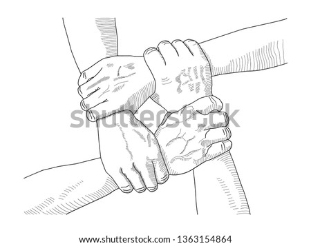 Four diverse men holding each others wrists. Top view. Vector