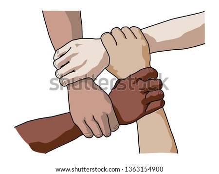 Four diverse men holding each others wrists. Top view. Vector