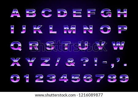 Retro 80's alphabet font. Metallic effect type - letters and numbers.