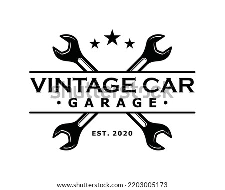 Wrench key for servicing in the garage car symbol icon vector. Crossed wrench for automotive repair engine car illustration vintage logo design