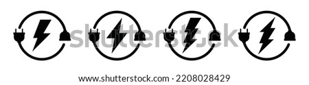 Lightning with power cord icon vector. Thunder light and electrical plug sign symbol silhouette. Flash or thunderbolt, electric power icon flat