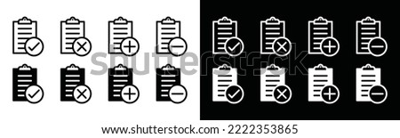 Checklist on the clipboard icon vector collection. Checklist paper or paper document sign silhouette. Checklist with check sign, cross, plus minus symbol illustration