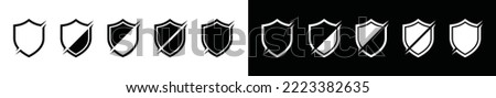Shield slash icon vector set. Scratch marks on shield symbol logo. Shield protector, secure, protect, scutum, safeguard sign. Vintage, badge, emblem logo. Vector illustration