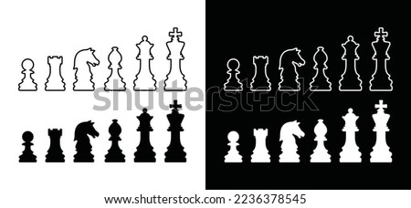 Chess piece icon set. Chess in flat and outline style. Chess board game in black and white background, vector illustration for apps and websites