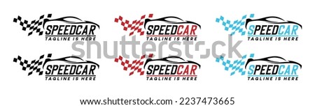 Speed car with racing flag icon vector logo. Fast sport car or hot rod and victory flag logo design, symbol illustration