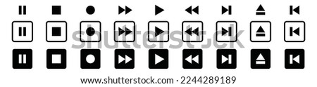 Media player buttons icon set. Media player buttons icon in square. Video audio player buttons icon. Play, pause, next, previous, faster, slow down, record button sign, symbol vector illustration