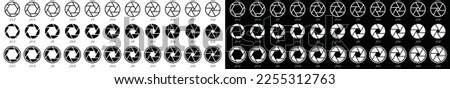 Camera shutter icons set. Camera lens icon symbol. Camera lens diaphragm row with aperture value numbers icon in outline or line and flat style for apps and websites, vector illustration