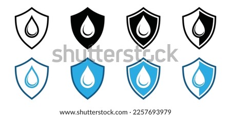 Water drops icon in shield. Water droplets protection icon collection. Raindrops shield sign in outline and flat style. Blue water or oil in shield symbol for apps and websites, vector illustration