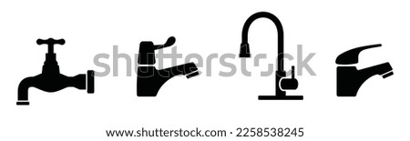 Fauced icons collection. Water fauced or tap icon. Kitchen water faucet or sink sign. Water flows from the faucet symbol. Drinking water company symbol for apps and websites, vector illustration