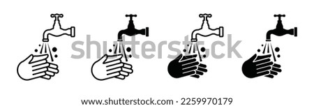 Wash your hands icons set. Hand washing icon. Wash your hands under running water. Washing hands sign with water tap or faucet symbol in flat and line style, vector illustration