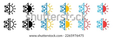 Hot and cold icons. Snowflake and sun icon symbol. Air temperature symbol. Ice and sun icons for all season on apps and websites, vector illustration